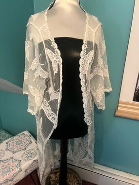 Sheer White Embroidered Butterfly Kimono/ Coverup